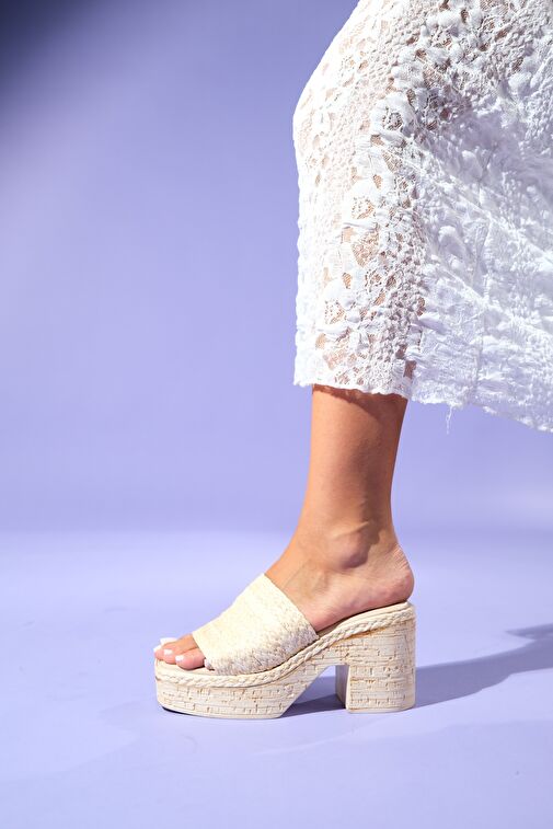 Luvi Shoes Bej Kadın Hasır Platform Topuklu Terlik 74-1138 - Görsel 3