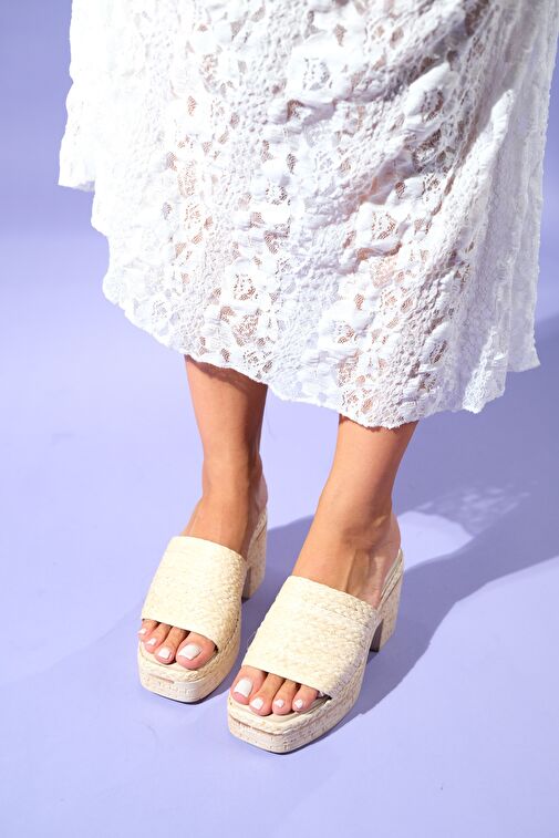 Luvi Shoes Bej Kadın Hasır Platform Topuklu Terlik 74-1138 - Görsel 4