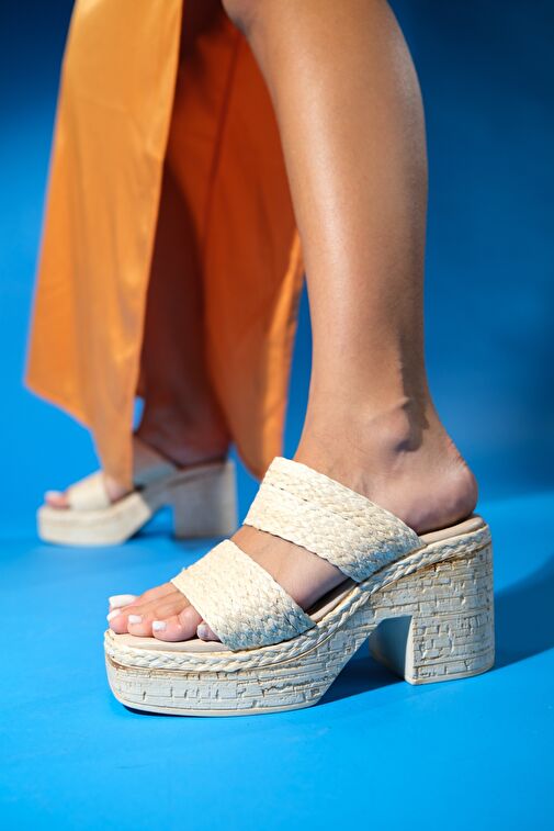 Luvi Shoes Bej Kadın Hasır Platform Topuklu Terlik 74-1139 - Görsel 2