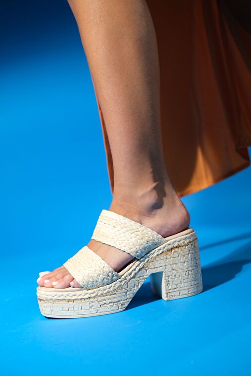 Luvi Shoes Bej Kadın Hasır Platform Topuklu Terlik 74-1139 - Görsel 7