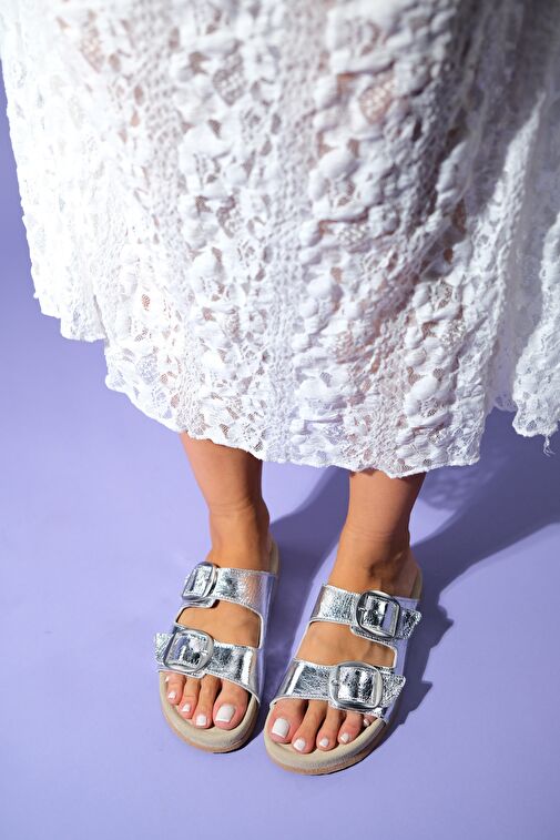 OVESTA Gümüş Hakiki Deri Çift Bantlı Kadın Terlik - Görsel 3