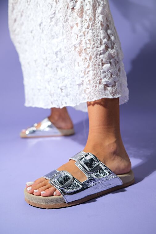 OVESTA Gümüş Hakiki Deri Çift Bantlı Kadın Terlik - Görsel 6