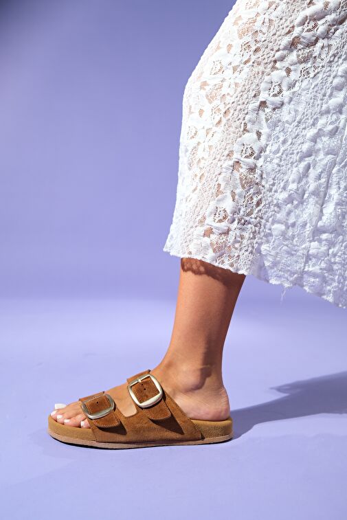 OVESTA Taba Süet Hakiki Deri Çift Bantlı Kadın Terlik - Görsel 2