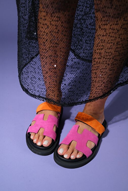 Luvi Shoes Fuşya-Turuncu Kadın Süet Terlik 222-24046 - Görsel 3