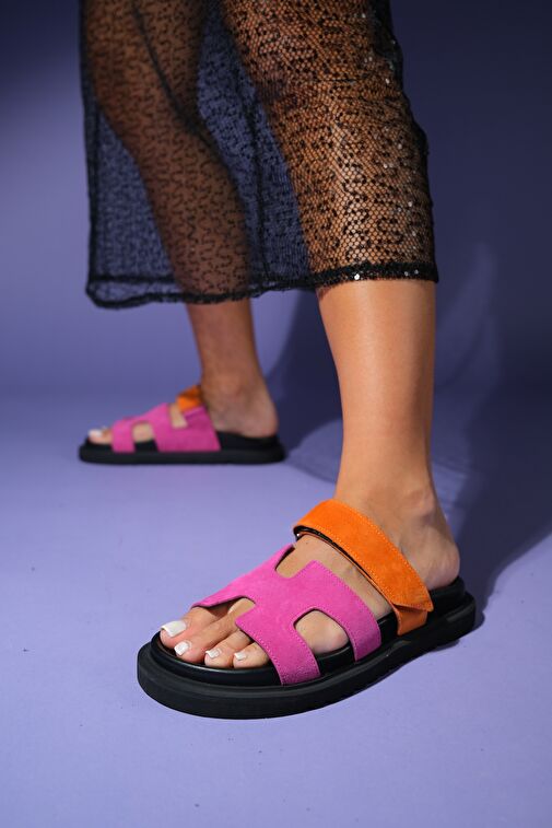 Luvi Shoes Fuşya-Turuncu Kadın Süet Terlik 222-24046 - Görsel 6