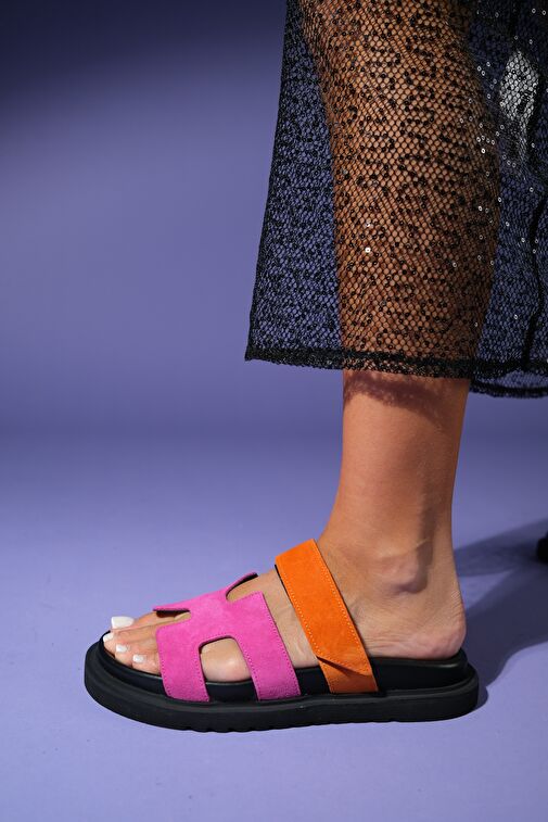 Luvi Shoes Fuşya-Turuncu Kadın Süet Terlik 222-24046 - Görsel 7