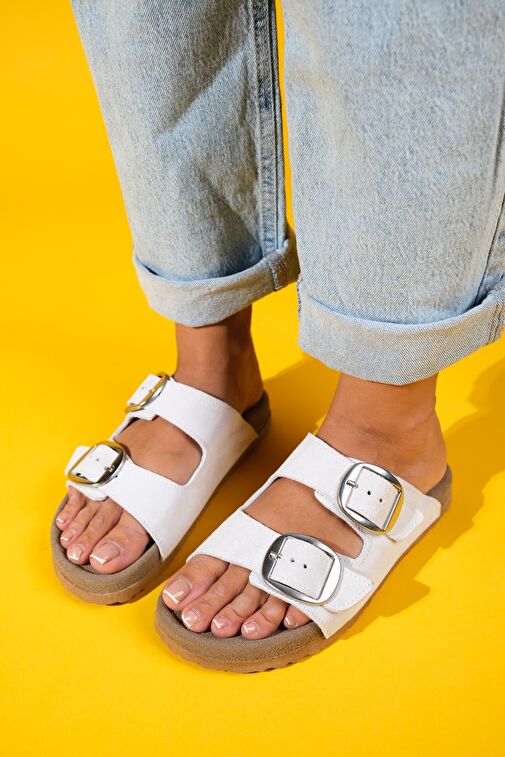 OVESTA Beyaz Süet Hakiki Deri Çift Bantlı Kadın Terlik - Görsel 3