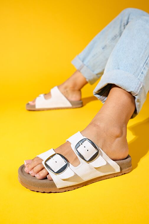 OVESTA Beyaz Süet Hakiki Deri Çift Bantlı Kadın Terlik - Görsel 4