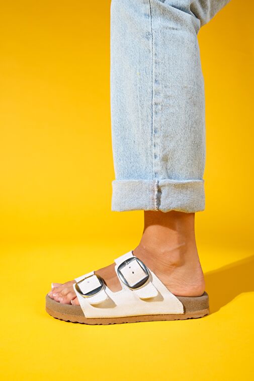 OVESTA Beyaz Süet Hakiki Deri Çift Bantlı Kadın Terlik - Görsel 2