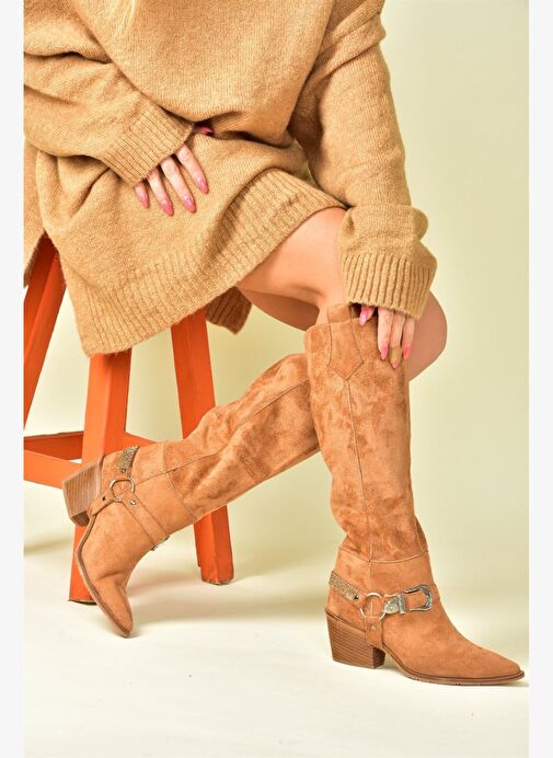 Taba Süet Alçak Topuklu Kovboy Model Çizme N882880702 - Görsel 4