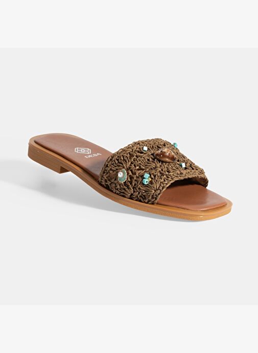 Kadın Kahve Boncuk İşlemeli Hasır Terlik - Görsel 6