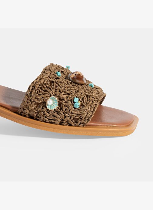 Kadın Kahve Boncuk İşlemeli Hasır Terlik - Görsel 7