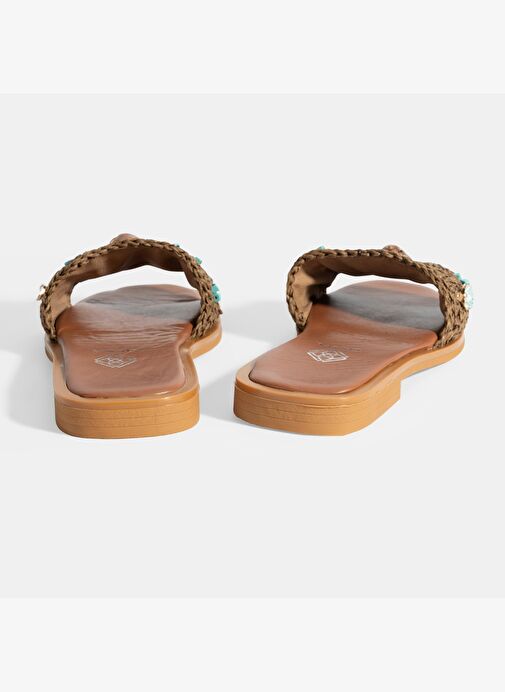 Kadın Kahve Boncuk İşlemeli Hasır Terlik - Görsel 8