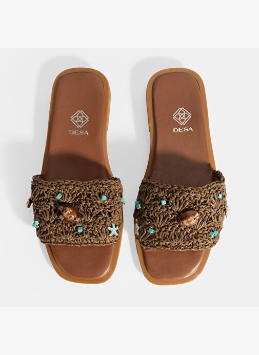 Kadın Kahve Boncuk İşlemeli Hasır Terlik - Görsel 9