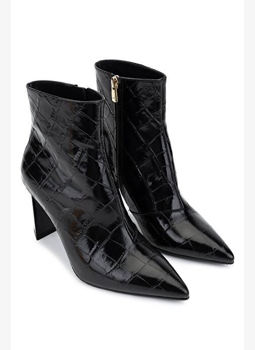 Tamer Tanca Kadın Hakiki Deri Siyah Kroko Topuklu Bot - Görsel 3