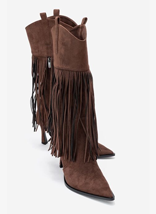 GUERAS Kahverengi Süet Püsküllü Sivri Burun Kadın Topuklu Çizme - Görsel 2