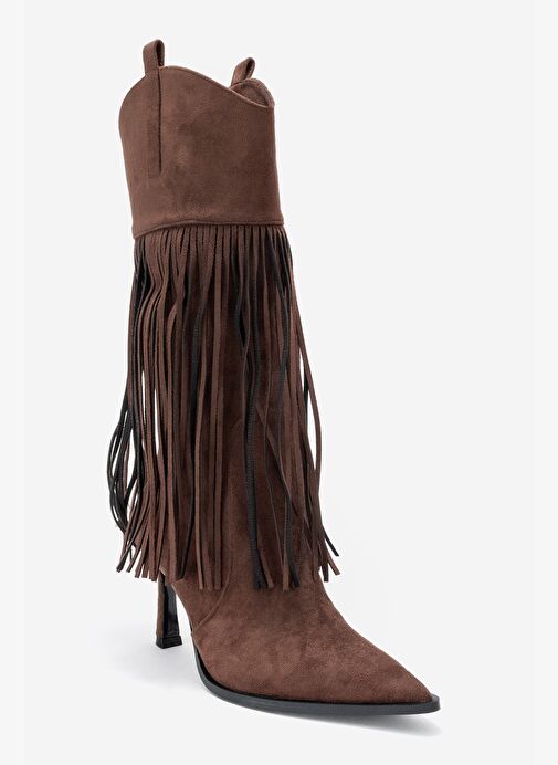 GUERAS Kahverengi Süet Püsküllü Sivri Burun Kadın Topuklu Çizme - Görsel 4
