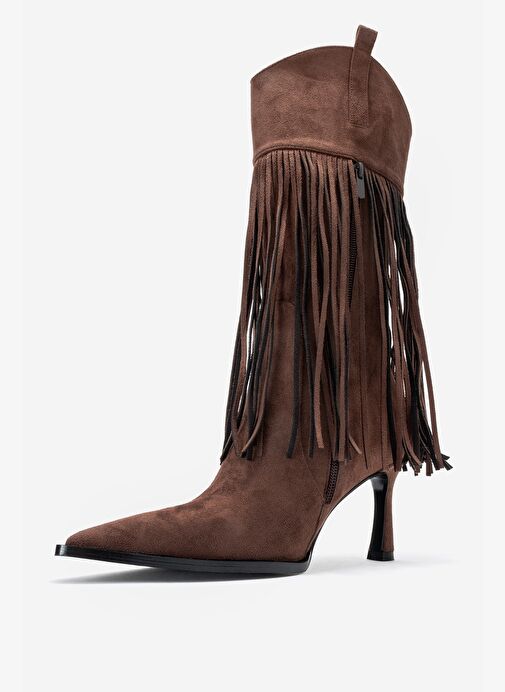GUERAS Kahverengi Süet Püsküllü Sivri Burun Kadın Topuklu Çizme - Görsel 5