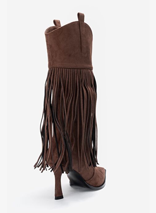 GUERAS Kahverengi Süet Püsküllü Sivri Burun Kadın Topuklu Çizme - Görsel 6