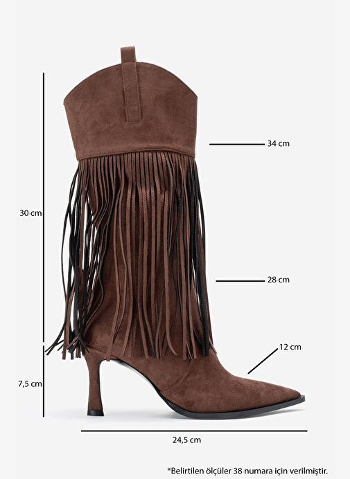 GUERAS Kahverengi Süet Püsküllü Sivri Burun Kadın Topuklu Çizme - Görsel 7
