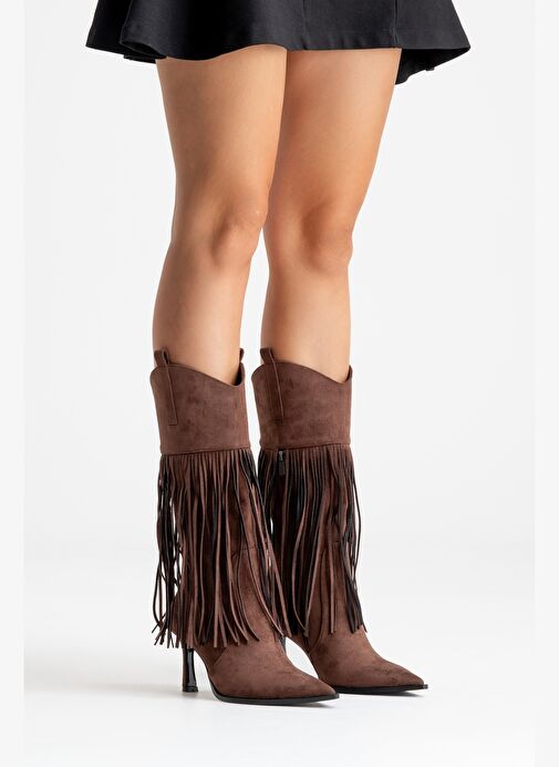 GUERAS Kahverengi Süet Püsküllü Sivri Burun Kadın Topuklu Çizme - Görsel 8