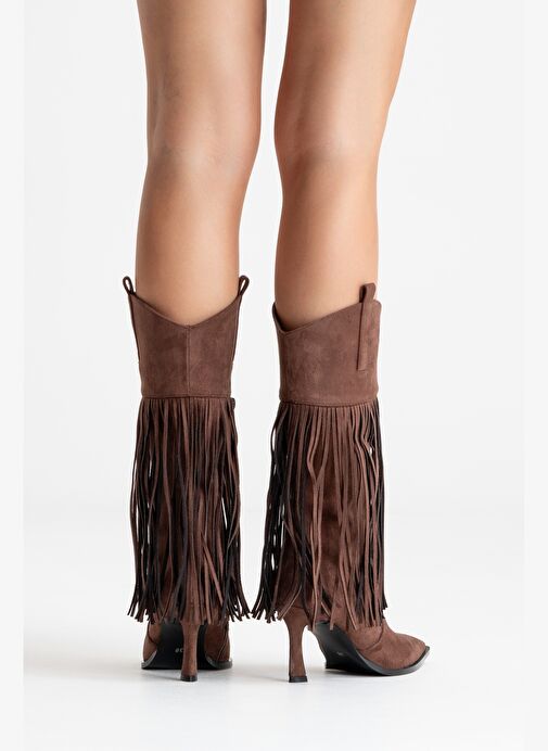 GUERAS Kahverengi Süet Püsküllü Sivri Burun Kadın Topuklu Çizme - Görsel 9