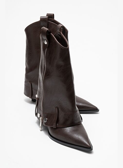 LOLA Kahverengi Fermuarlı Sivri Burunlu Kadın Topuklu Bot - Görsel 2