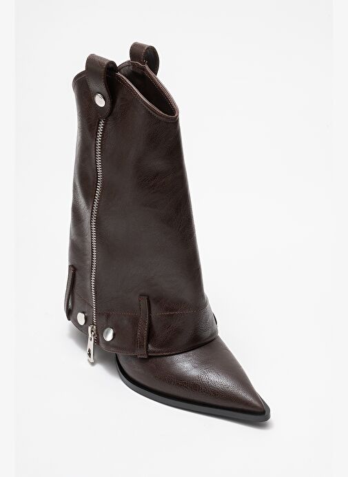 LOLA Kahverengi Fermuarlı Sivri Burunlu Kadın Topuklu Bot - Görsel 4