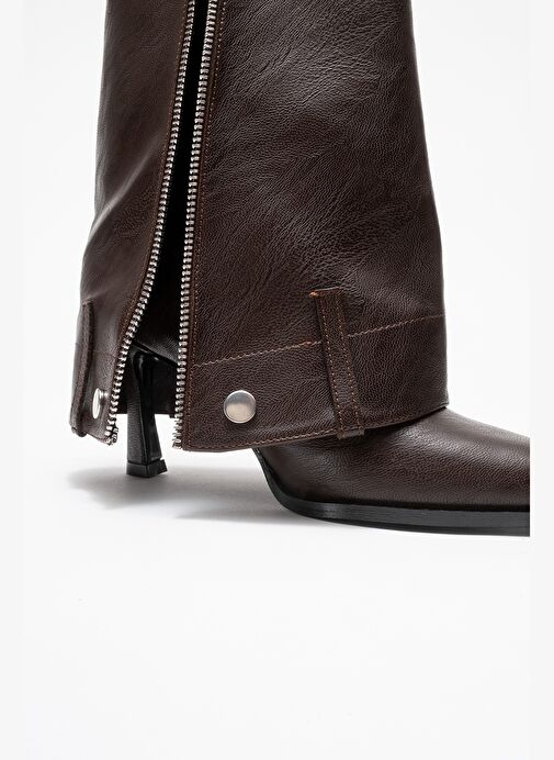 LOLA Kahverengi Fermuarlı Sivri Burunlu Kadın Topuklu Bot - Görsel 5