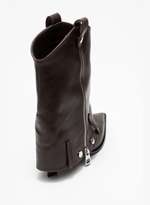 LOLA Kahverengi Fermuarlı Sivri Burunlu Kadın Topuklu Bot - Görsel 6