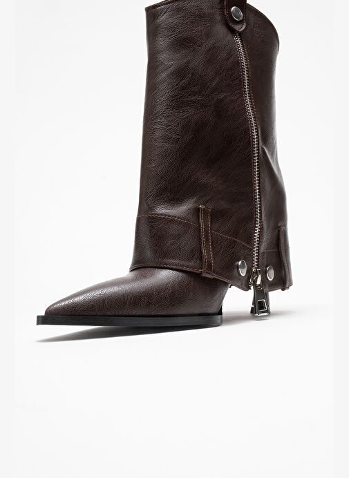 LOLA Kahverengi Fermuarlı Sivri Burunlu Kadın Topuklu Bot - Görsel 7