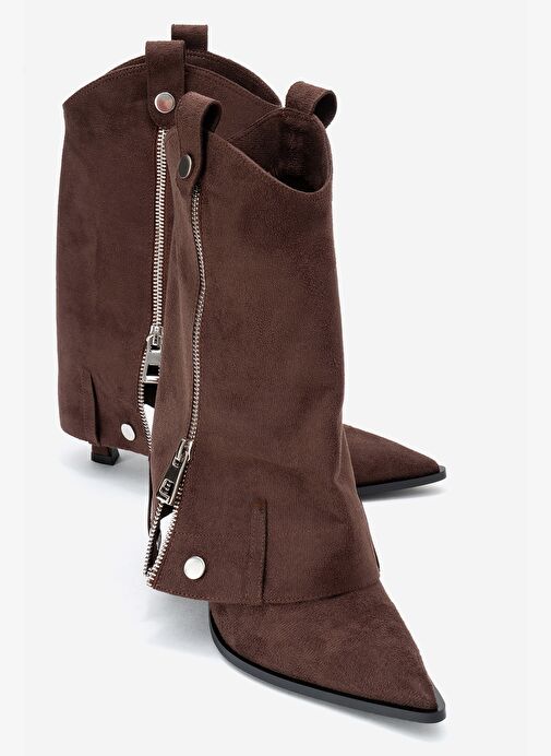 LOLA Kahverengi Süet Fermuarlı Sivri Burunlu Kadın Topuklu Bot - Görsel 2