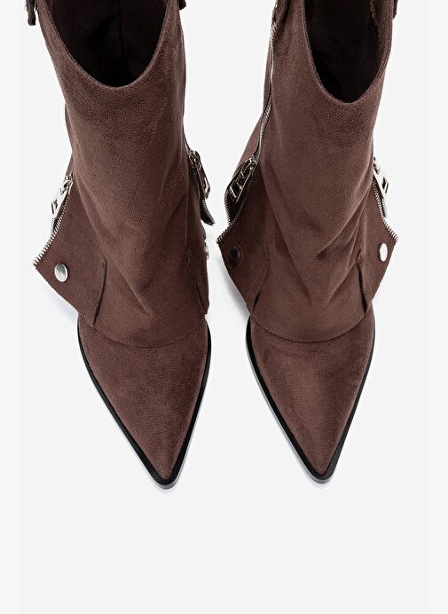 LOLA Kahverengi Süet Fermuarlı Sivri Burunlu Kadın Topuklu Bot - Görsel 3