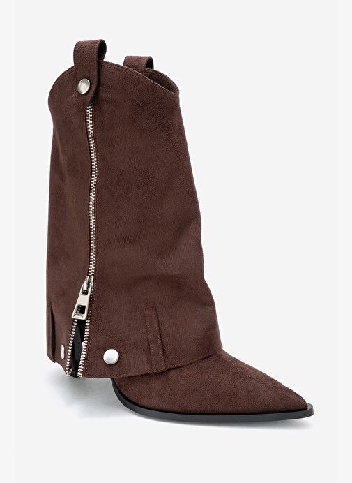 LOLA Kahverengi Süet Fermuarlı Sivri Burunlu Kadın Topuklu Bot - Görsel 4