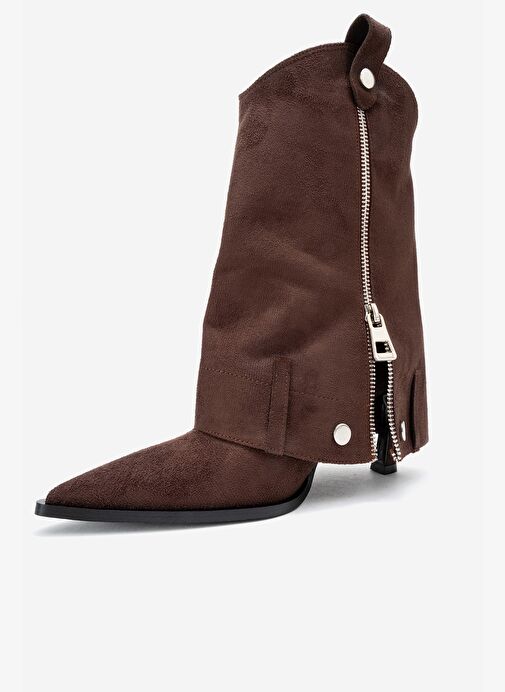 LOLA Kahverengi Süet Fermuarlı Sivri Burunlu Kadın Topuklu Bot - Görsel 5
