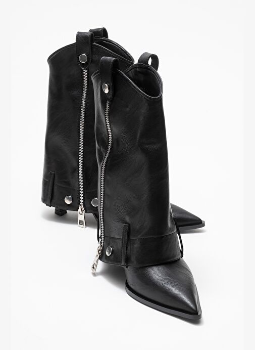 LOLA Siyah Fermuarlı Sivri Burunlu Kadın Topuklu Bot - Görsel 2