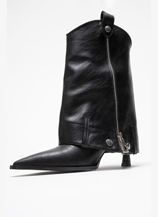 LOLA Siyah Fermuarlı Sivri Burunlu Kadın Topuklu Bot - Görsel 7