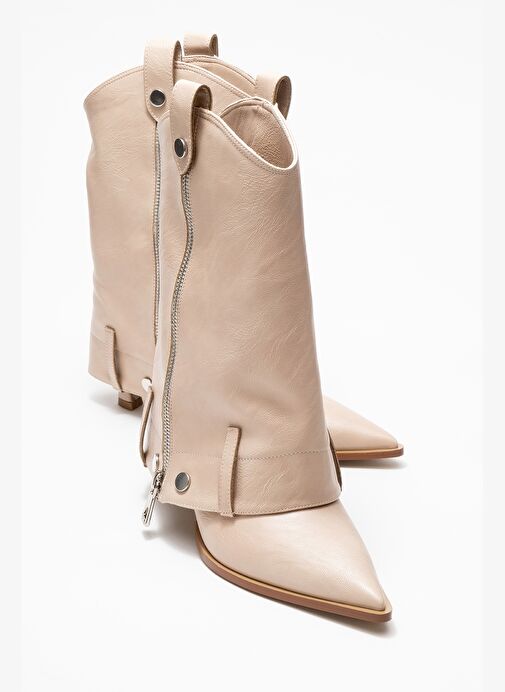 LOLA Bej Fermuarlı Sivri Burunlu Kadın Topuklu Bot - Görsel 2