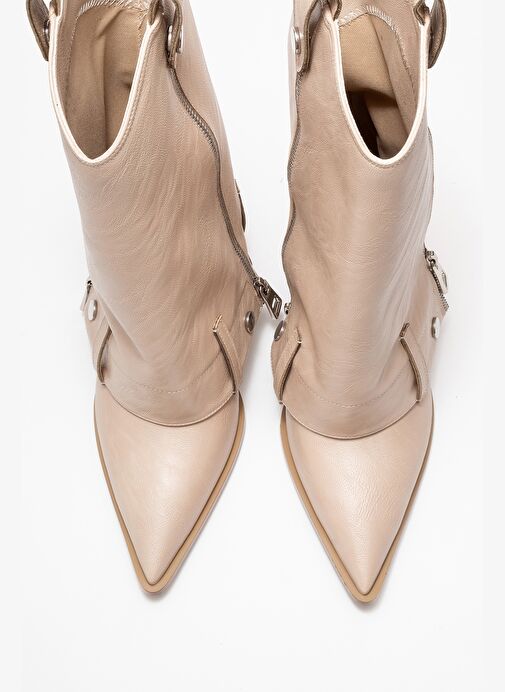 LOLA Bej Fermuarlı Sivri Burunlu Kadın Topuklu Bot - Görsel 3