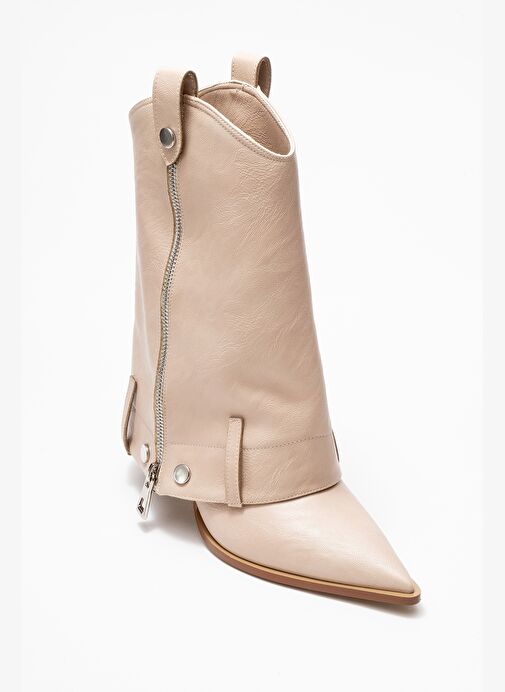 LOLA Bej Fermuarlı Sivri Burunlu Kadın Topuklu Bot - Görsel 4