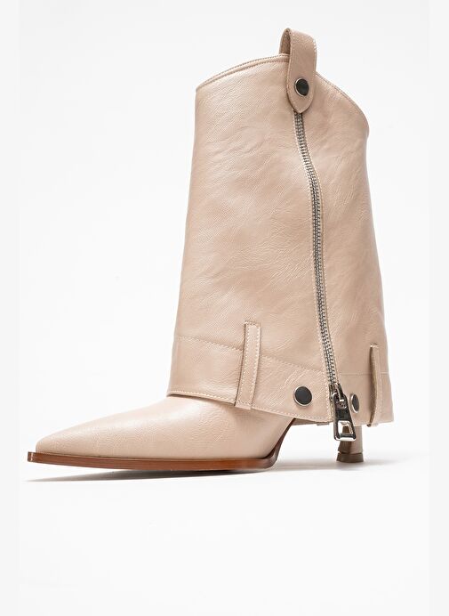LOLA Bej Fermuarlı Sivri Burunlu Kadın Topuklu Bot - Görsel 5