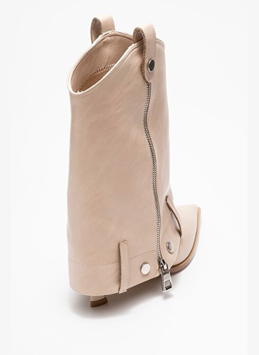 LOLA Bej Fermuarlı Sivri Burunlu Kadın Topuklu Bot - Görsel 6