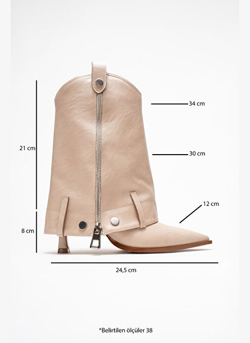 LOLA Bej Fermuarlı Sivri Burunlu Kadın Topuklu Bot - Görsel 8