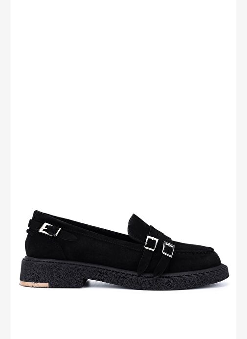 Tamer Tanca Kadın Hakiki Deri Siyah Süet Loafer Ayakkabı - Görsel 2