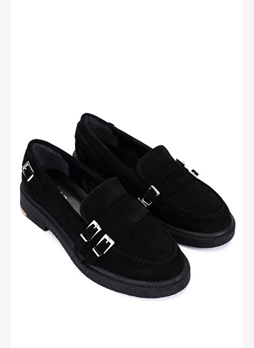 Tamer Tanca Kadın Hakiki Deri Siyah Süet Loafer Ayakkabı - Görsel 3