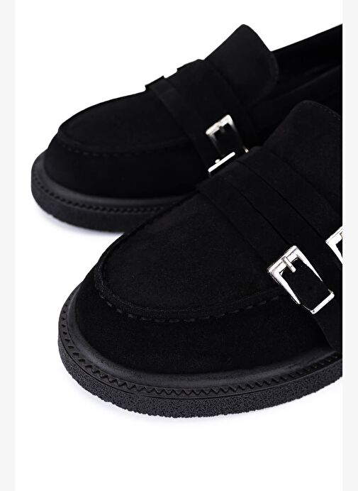 Tamer Tanca Kadın Hakiki Deri Siyah Süet Loafer Ayakkabı - Görsel 4