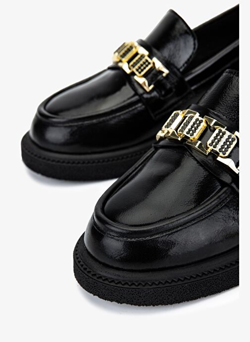 Valmenti Kadın Hakiki Deri Siyah Kırışık Rugan Loafer Ayakkabı - Görsel 4