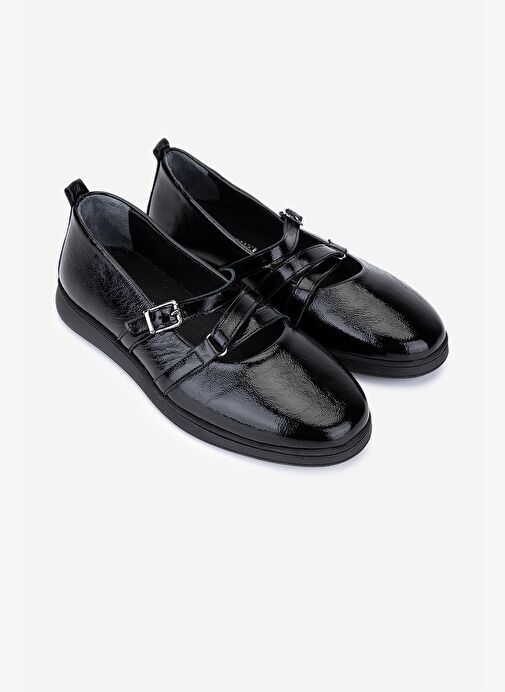 Valmenti Kadın Hakiki Deri Siyah Kırışık Rugan Babet Ayakkabı - Görsel 3