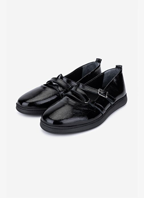 Valmenti Kadın Hakiki Deri Siyah Kırışık Rugan Babet Ayakkabı - Görsel 6