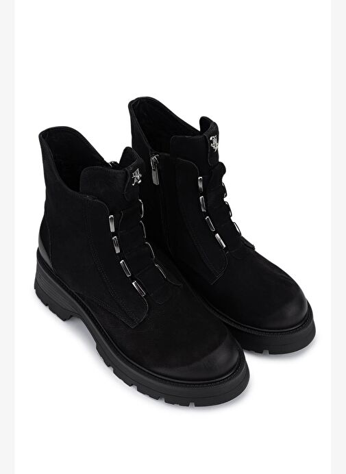 Tamer Tanca Kadın Hakiki Deri Siyah Nubuk Topuklu Bot - Görsel 3